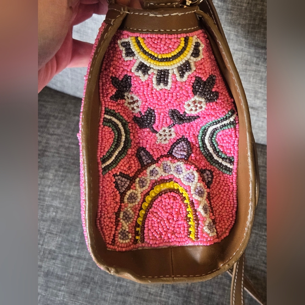 Viral Handmade Pink Beaded Tote Bag Crossbody Purse With Leather Straps NWT - Picture 4 of 11